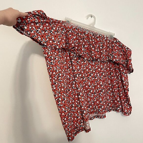 H&M One Shoulder Top Red White Navy Blue Floral Ruffle Trim 100% Cotton Tank 4XL - Picture 4 of 13